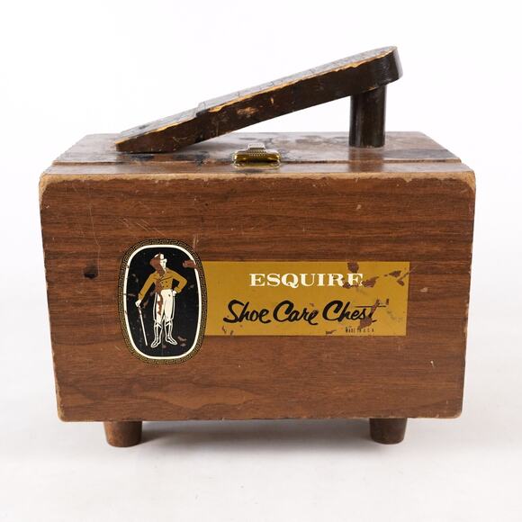 Esquire Shoe Shine Care Wood Chest Box Shoe Polish Kit Foot Rest w/ Brushes - Picture 5 of 14